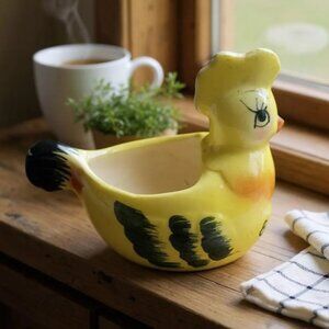 Vintage Yellow Ceramic Hen Egg Separator: Farmhouse Kitchen Decor